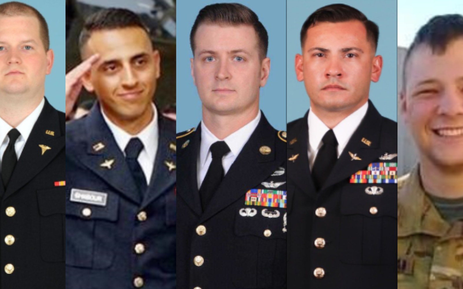 Left to right: Capt. Seth Vernon Vandekamp, Chief Warrant Officer 3 Dallas Gearld Garza, Chief Warrant Officer 2 Marwan Sameh Ghabour, Staff Sgt. Kyle Robert McKee, Sgt. Jeremy Cain Sherman.