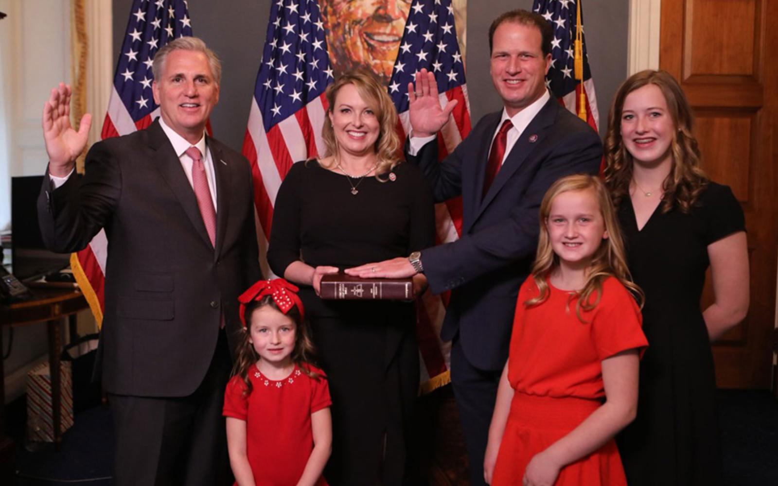 House Republican Leader Kevin McCarthy Swears in Congressman August Pfluger (TX-11). They are joined by Mrs. Camille Pfluger and their daughters Vivian, Caroline, and Juliana.