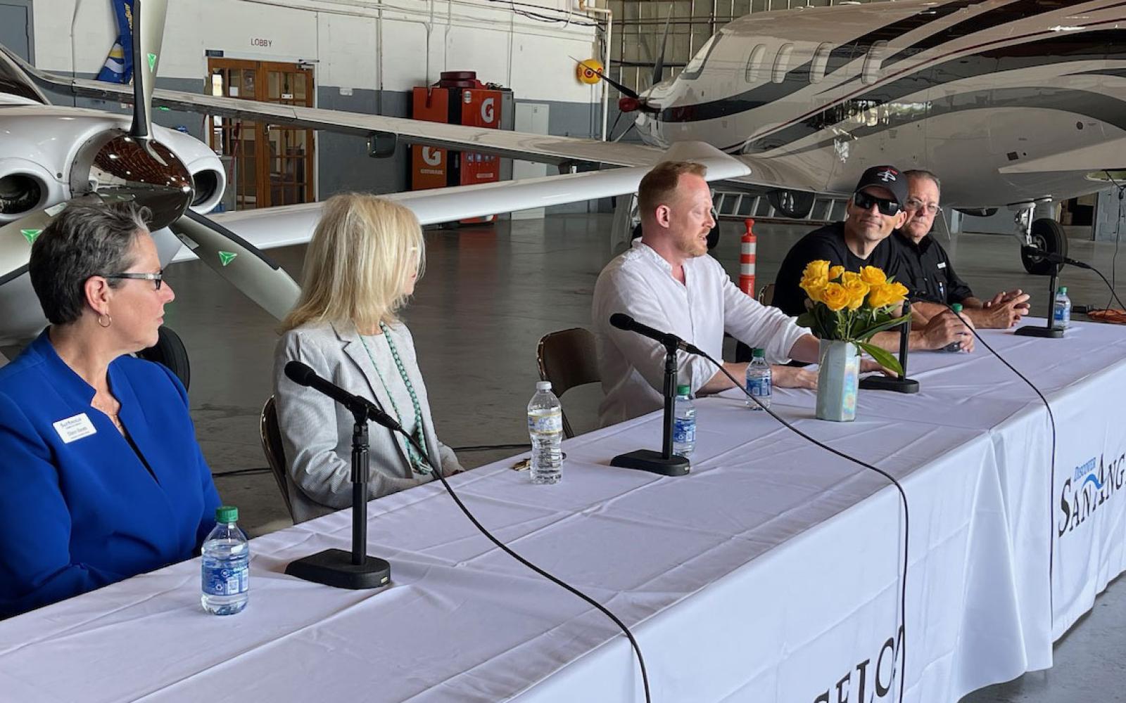 The San Angelo Air Race organizers, left-right, CVB Director Diann Bayes, Mayor Benda Gunter, Airrace1 CEO Jeff Zaltman, Airrace1 VP Justin Meadors, and Lions Club Charities director Keith Perrine.