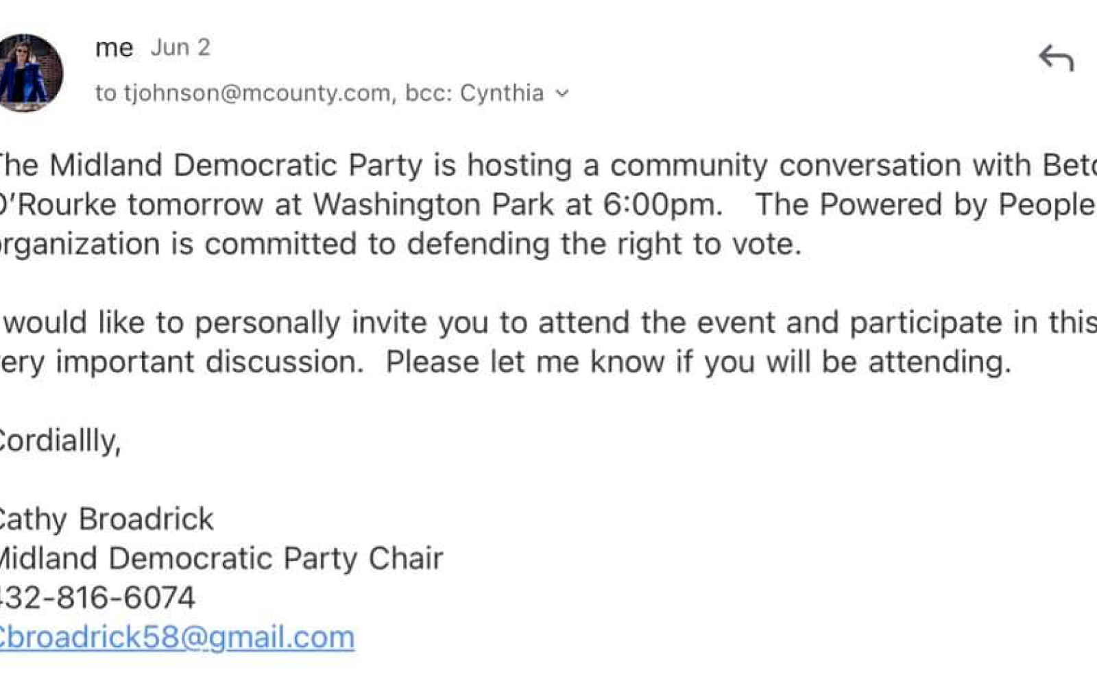 Email from Cathy Broadrick