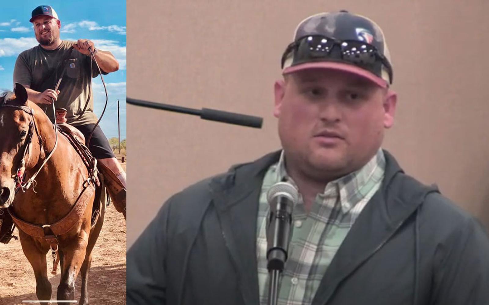 Caleb Wallace in happier times, one riding a horse and the right when asking questions at a city-county Covid-19 briefing in November 2020.