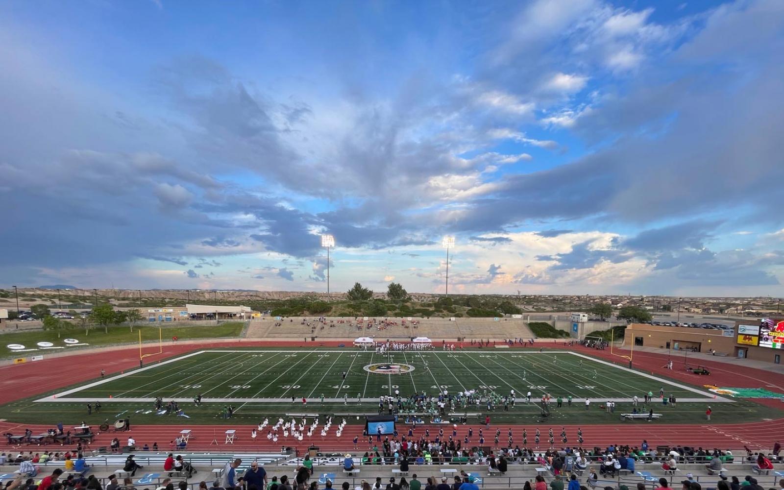 The Socorro ISD stadium emptied out at 10:45 left in the 2nd quarter due to a thunderstorm in the vicinity. After an hour delay, weather cleared and the game resumed.