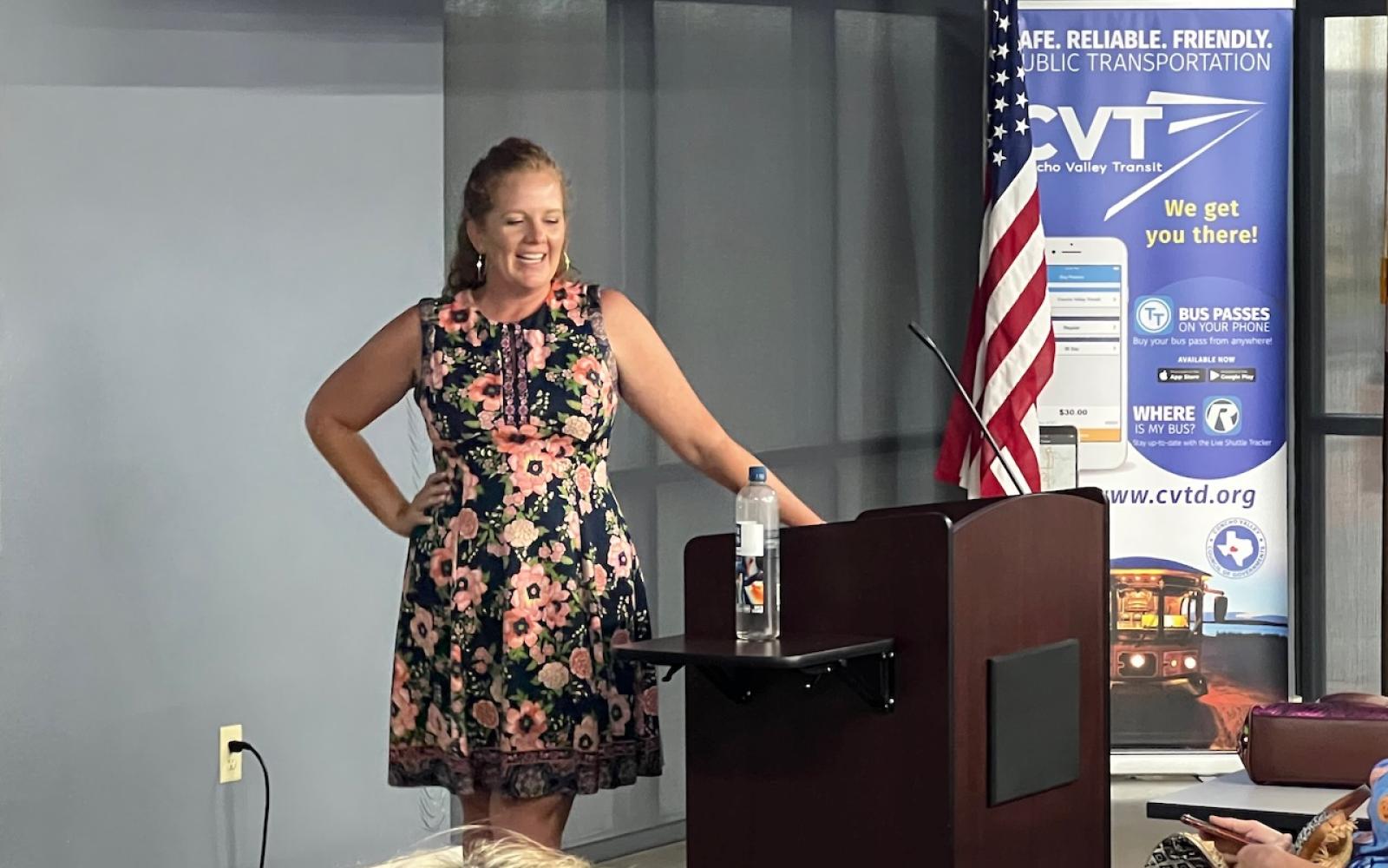 Convicted January 6 protestor Jenny Cudd speaks at the San Angelo Tea Party meeting on July 12, 2022