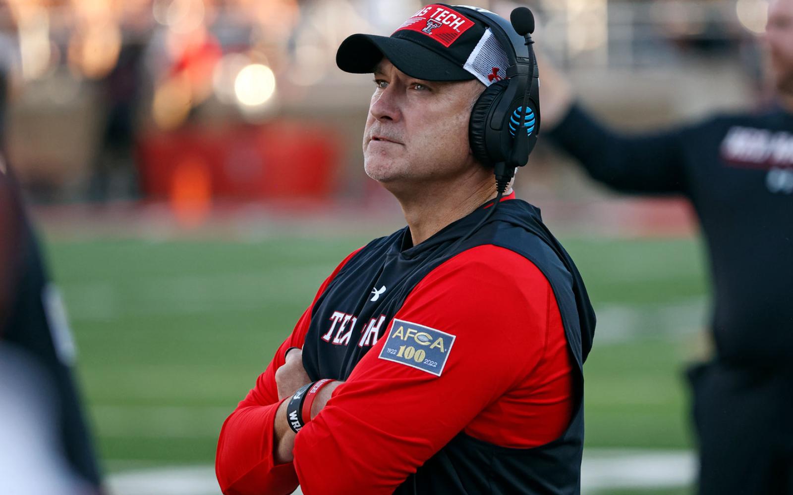 Texas Tech coach Joey McGuire watches during the first half of the team's NCAA college football game against Murray State, Saturday, Sept. 3, 2022, in Lubbock, Texas. (AP Photo/Brad Tollefson)