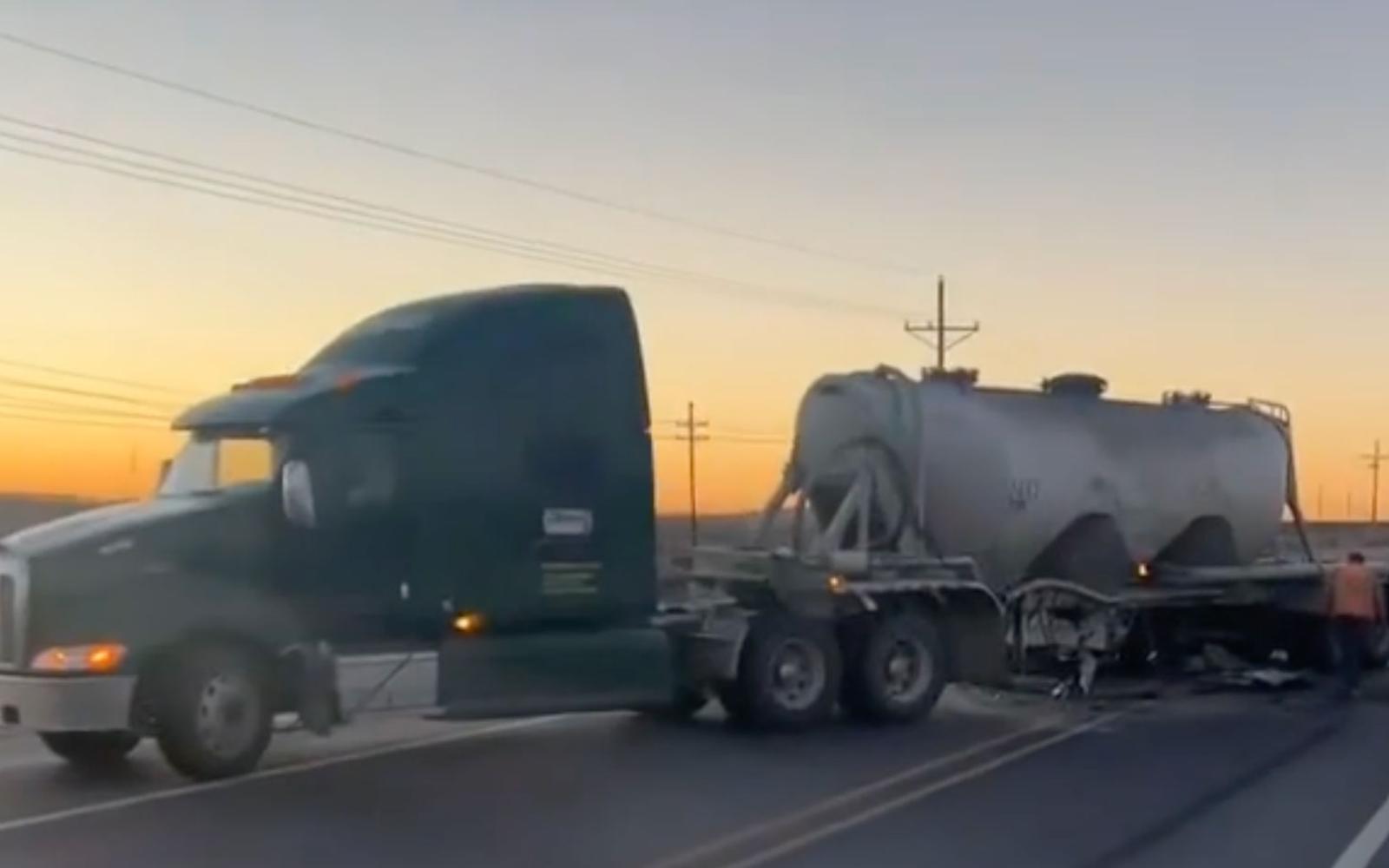 A sandtruck crushes a Ram pickup on SH 349 about halfway between between Rankin and Midland in the early morning hours of Jan. 21, 2023.