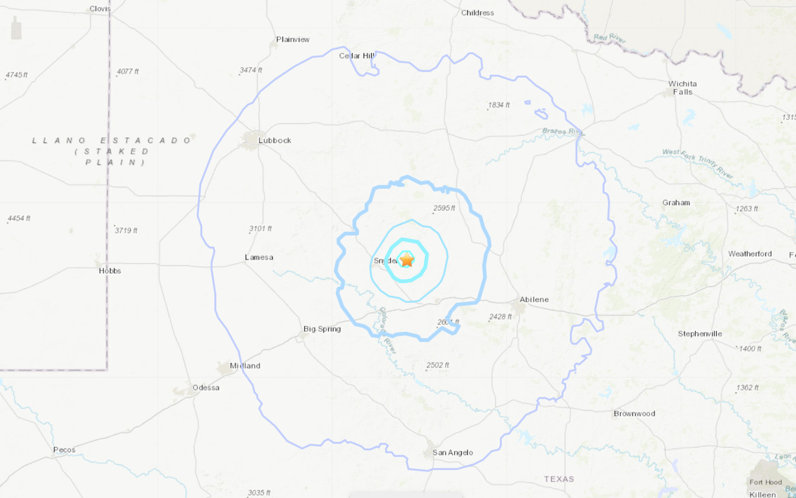 Snyder Earthquakes Map 2.11.23 (Courtesy/USGS)