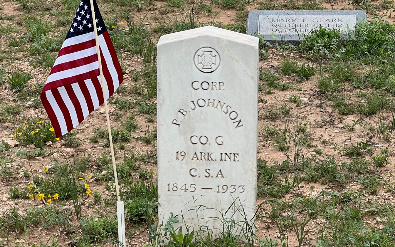 Corporal P.B. Johnson survived the Civil War in the Confederate infantry and died in 1933. He is interred at the Belvedere cemetery in San Angelo. 