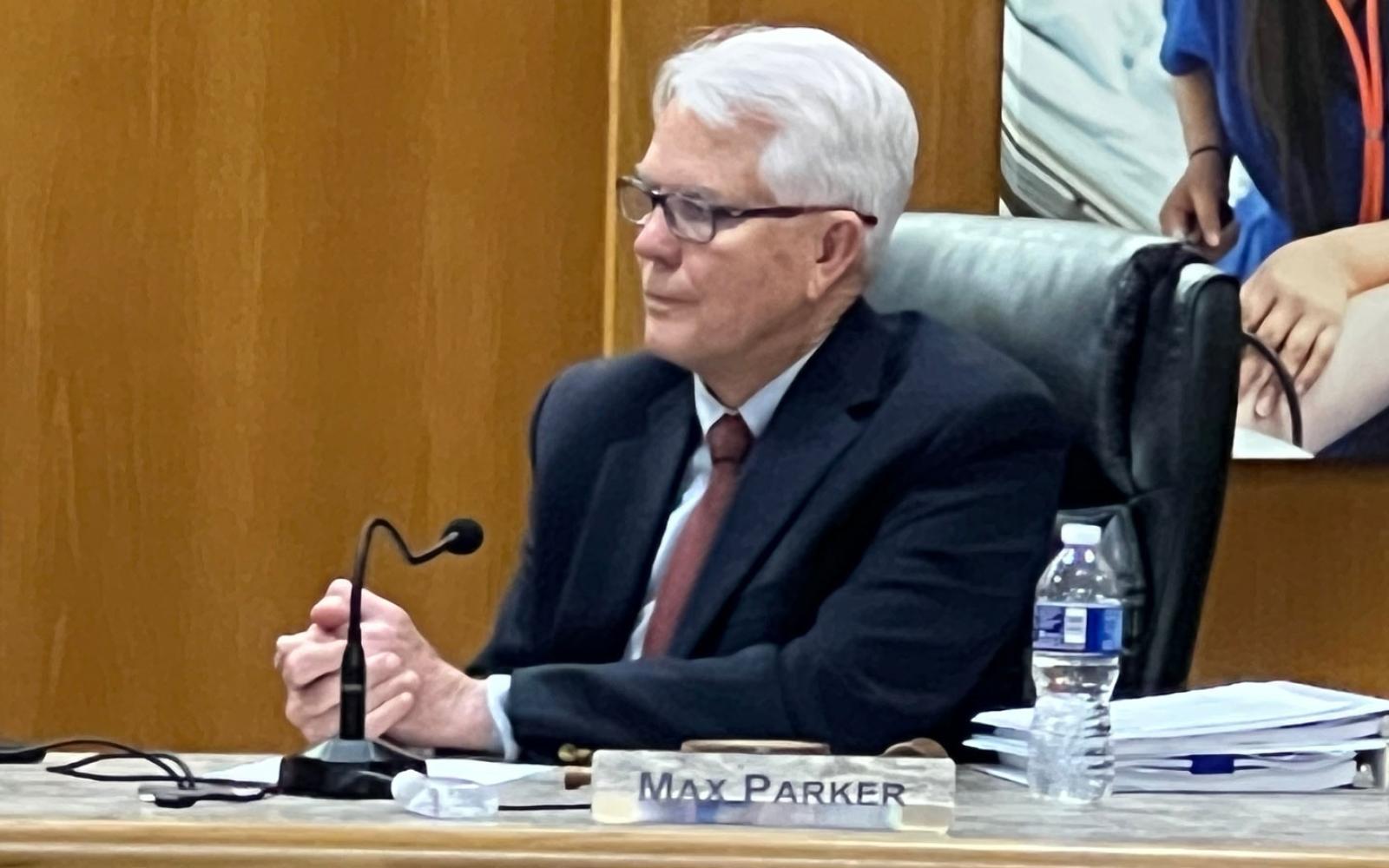 San Angelo ISD Board of Trustees President Max Parker thanks his colleagues just before stepping down and handing the gavel to incoming Trustee President Taylor Kingman. 