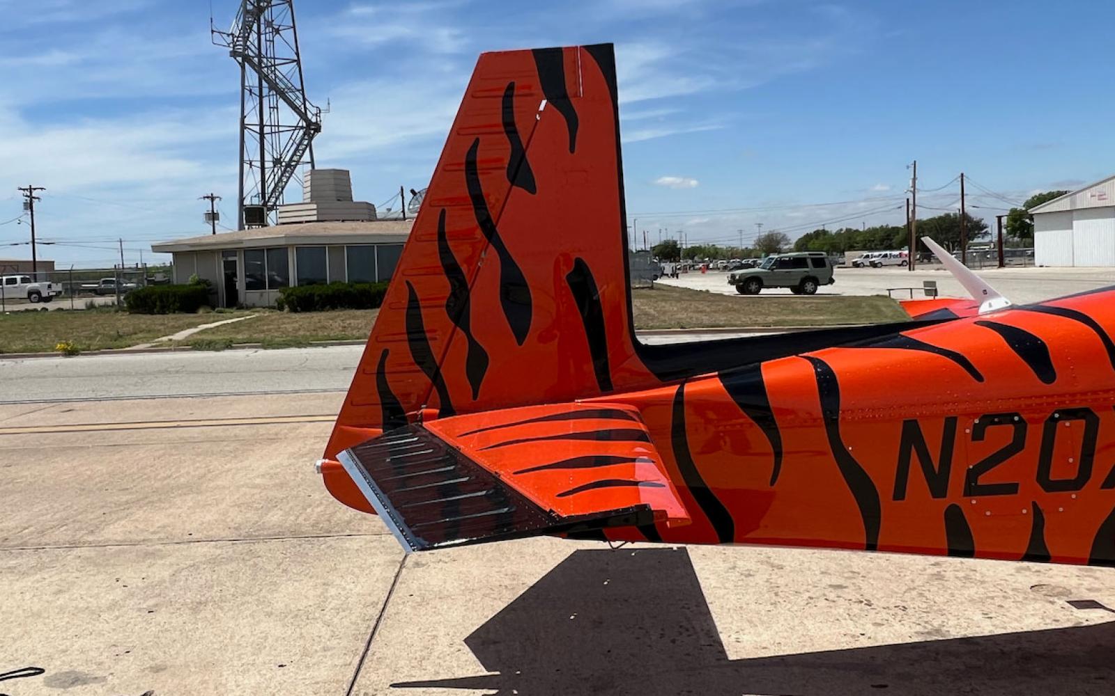 The M20T tail is slightly taller than the tail on the production civilian Mooney models. The tail design is an off-the-shelf design originally for the Mooney M20 Mustang 