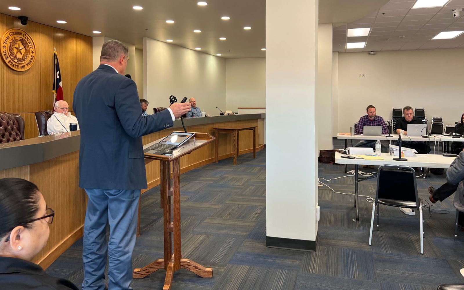 Tom Green County Sheriff Nick Hanna argues for higher salaries at the FY 2023 county budget workshop on July 7, 2023.