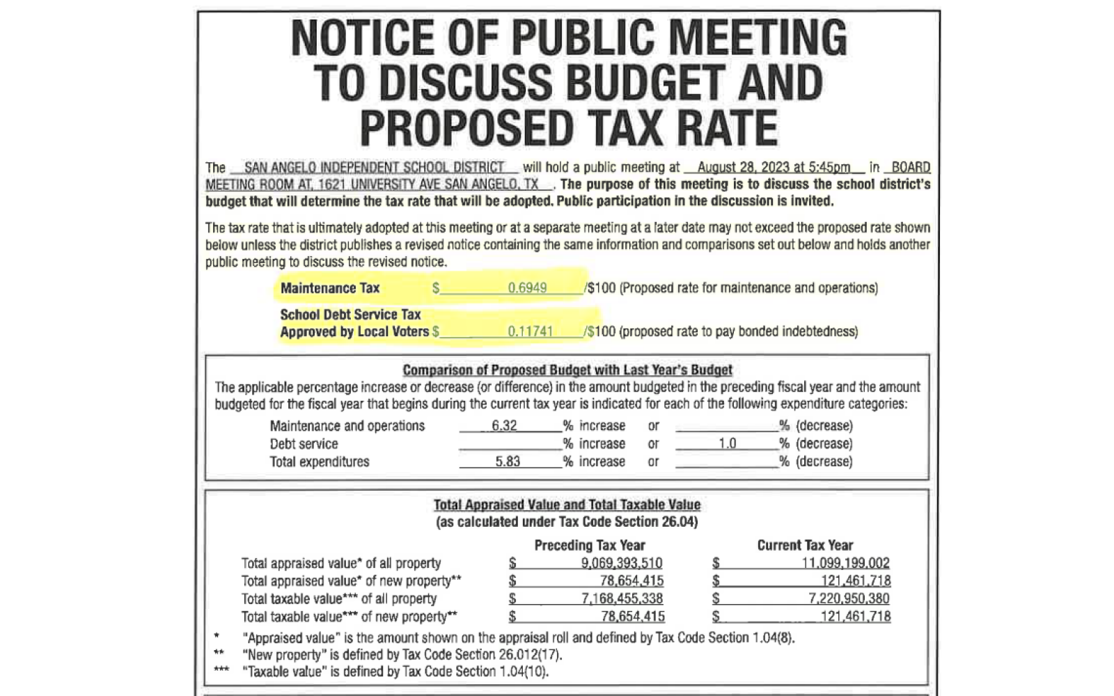 SAISD Tax Rate Public Meeting Notice (Courtesy/SAISD)