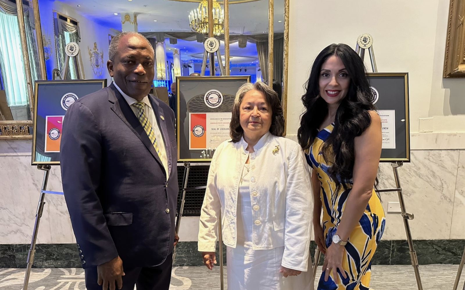 ASU President Ronnie D. Hawkins Jr., Maria Hawkins, and Dr. Flor Leos, ASU Institutional Officer for Multicultural & Community Engagement and Success Initiatives, at the Seal of Excelencia Presentation in Washington D.C.