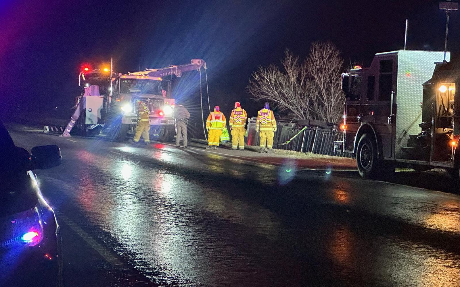 Home Motors, the wrecker company, had to dispatch a crane to upright the rig and pull it out of the ditch. The crash happened just after 6 p.m. as the cold front was whipping through the area.
