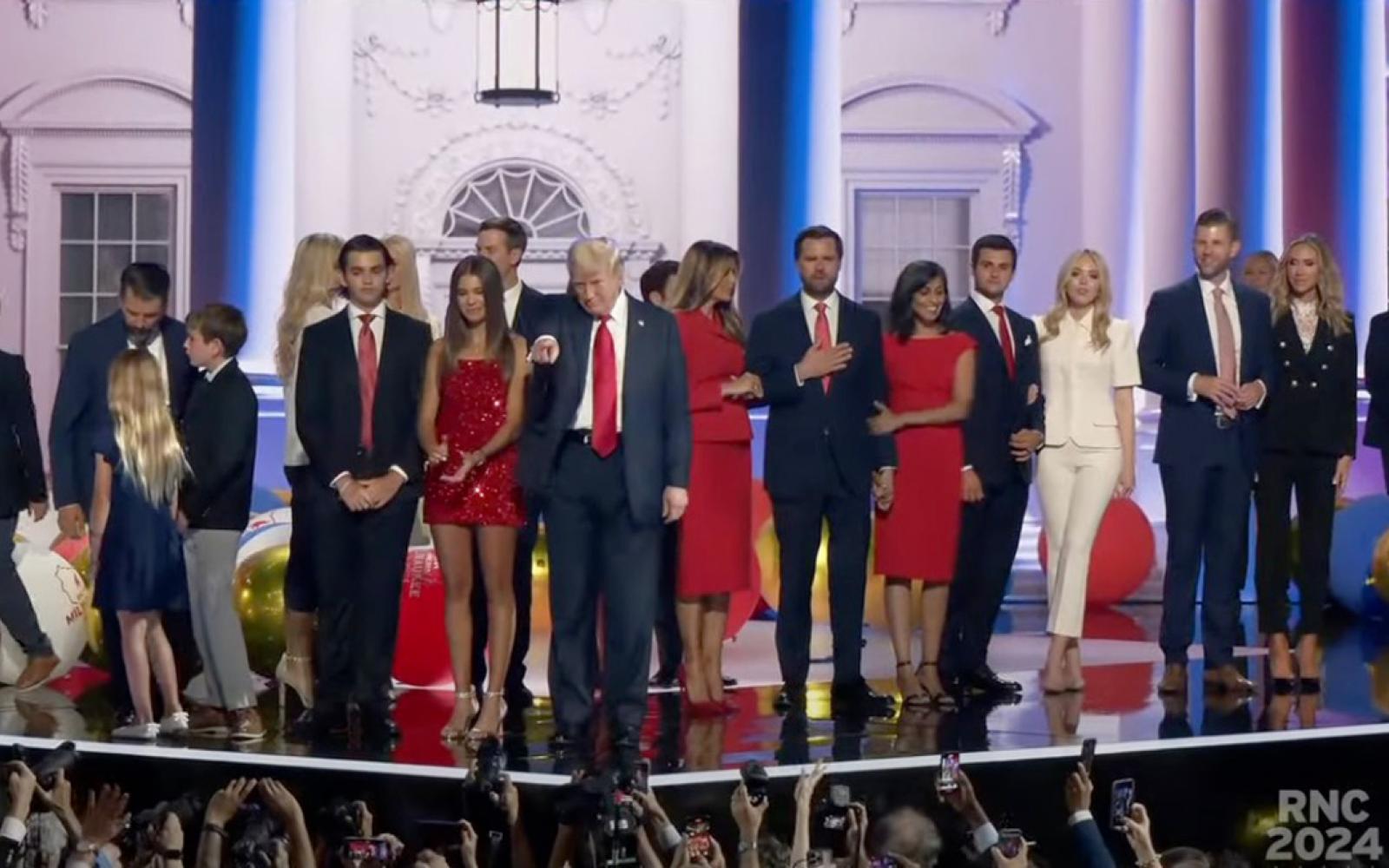President Donald Trump surrounded by his family after his triumphant speech at the 2024 RNC Convention just after midnight on July 19, 2024