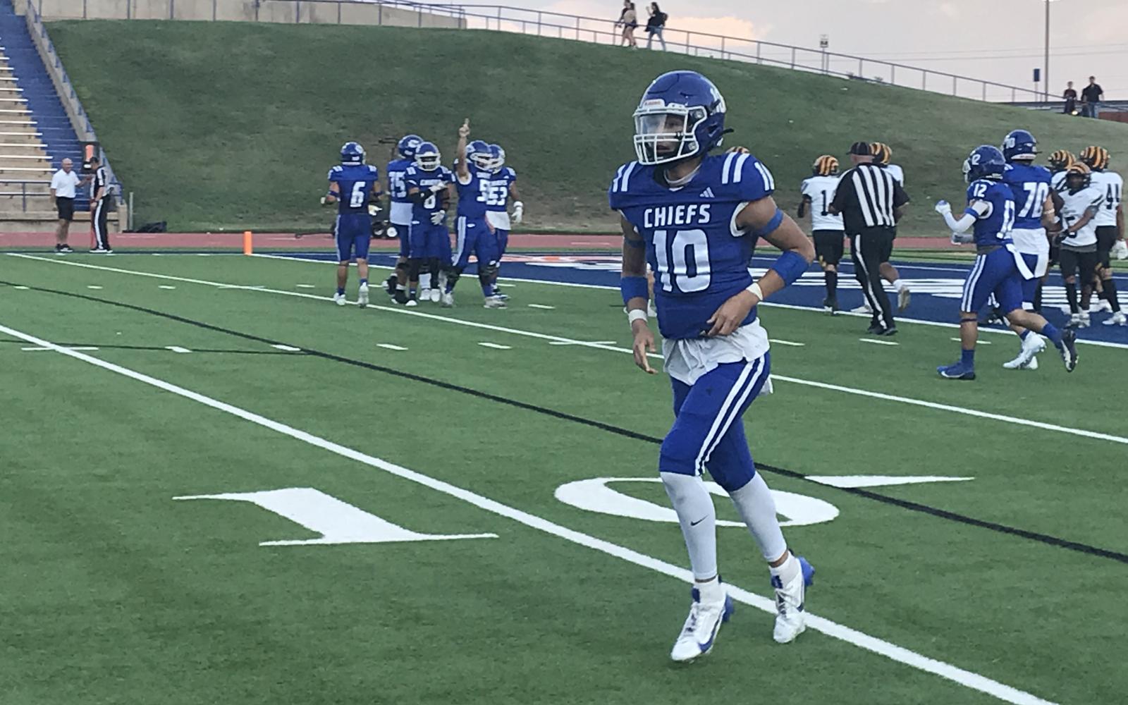 Lake View quarterback Chris Alvizo runs off the field after a 25-yard touchdown against Snyder on Friday, Sept. 6, 2024, at San Angelo Stadium.