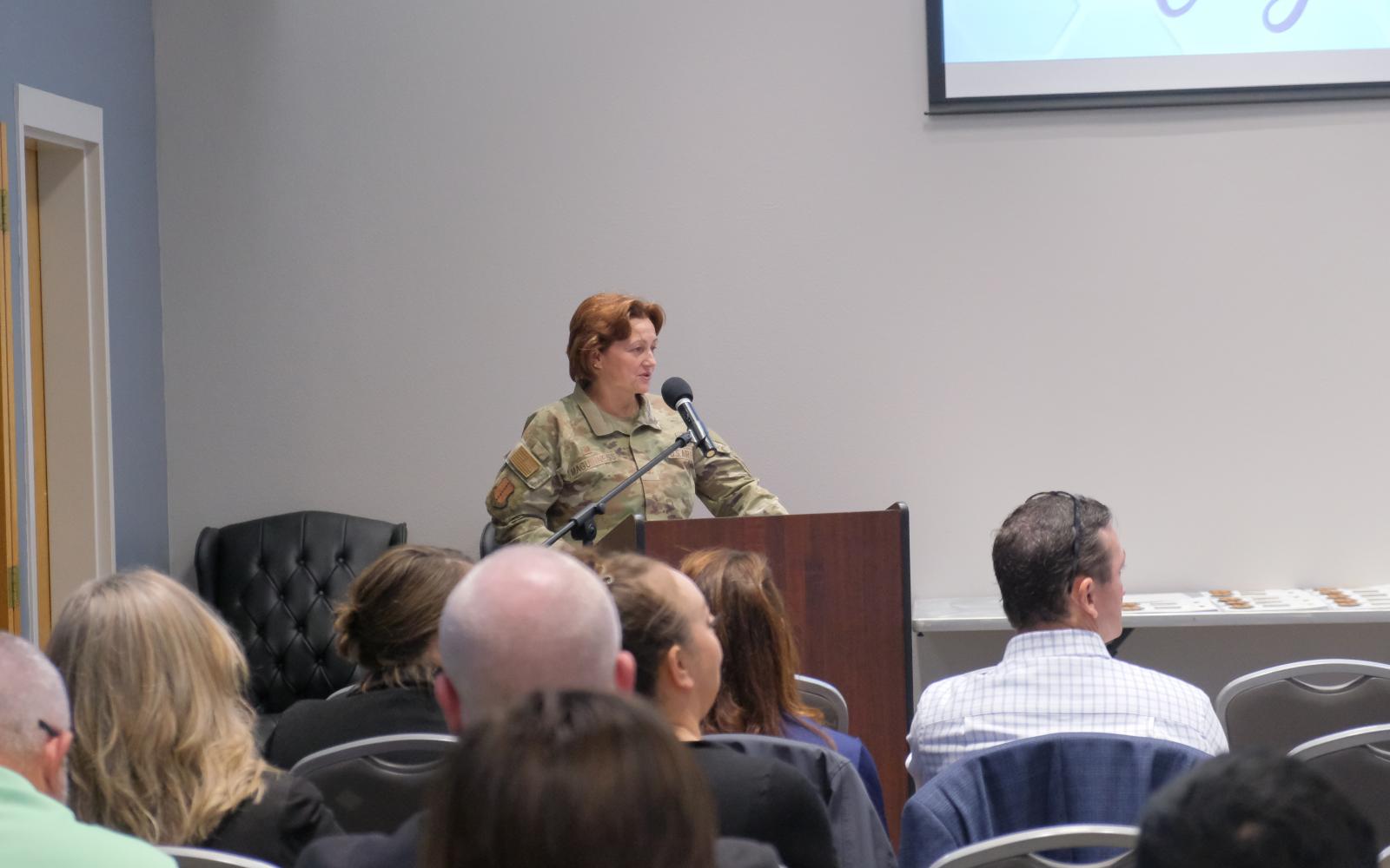 Goodfellow Air Force Base Colonel Angelina Maguinness spoke Thursday during the induction and graduation ceremony for the Honorary Commanders program.