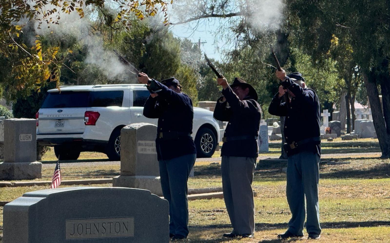 The ceremony featured a traditional three-volley rifle salute performed by Fort Concho reenactors using Civil War-era rifles.