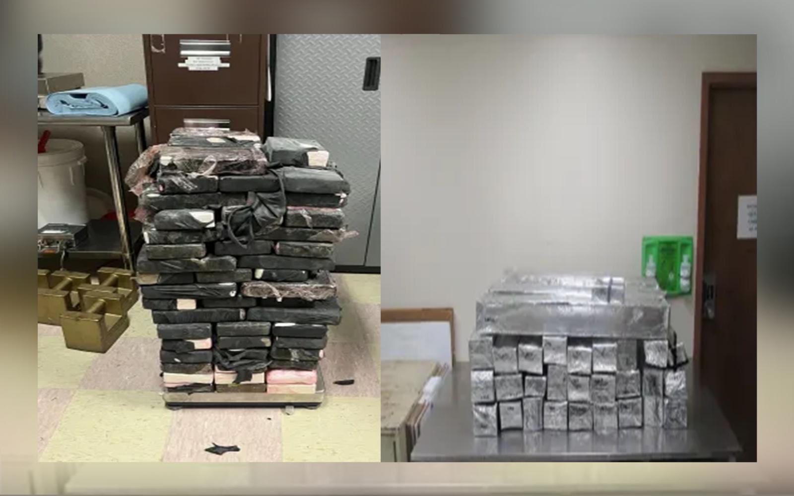 Packages of narcotics seized by CBP officers at Texas border crossings, including 245 pounds of cocaine in Brownsville (left) and 442 pounds of methamphetamine with 18 pounds of heroin in Hidalgo (right).