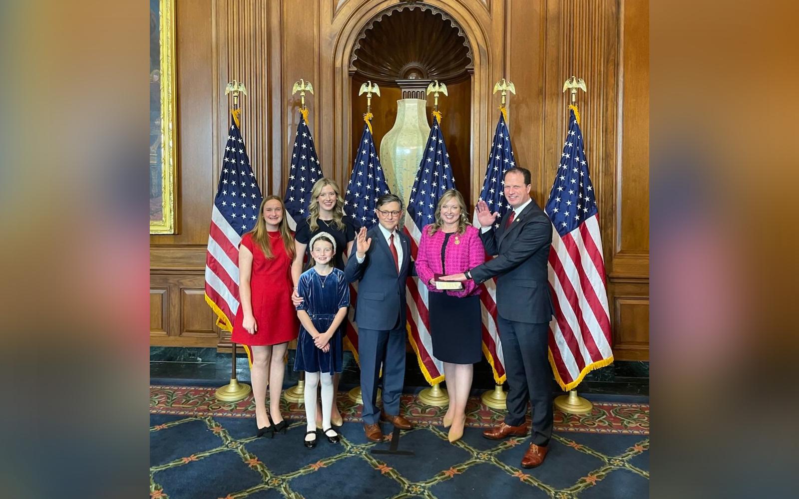 Rep. Pfluger pictured in Washington today with Speaker Mike Johnson, his wife, Camille, and their three daughters.