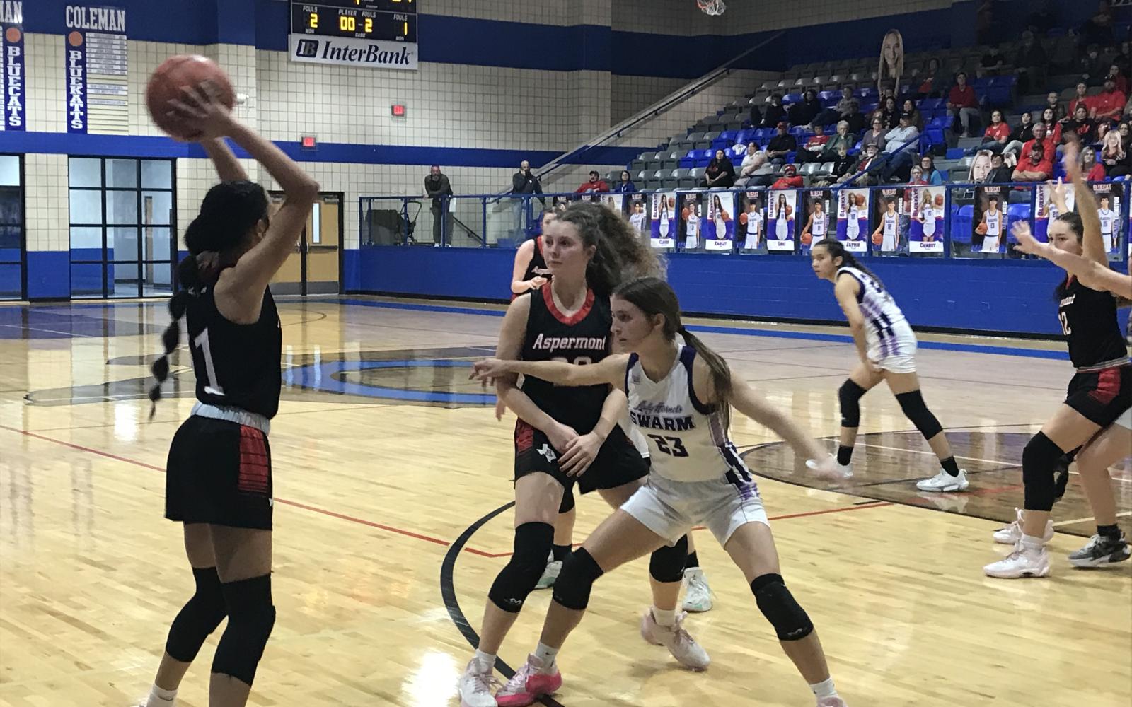 Irion County's Berkley Callaway plays defense in the Lady Hornets' 60-30 win over Aspermont on Monday, Feb. 17, 2025, in the regional semifinals.