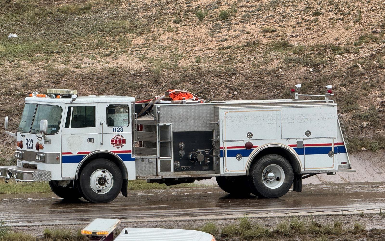 The firetruck after the water drained. It was a former SAFD fire truck sold to a volunteer fire department, Police Chief Travis Griffith guessed. It was not a SAFD truck and you can note that SAFD markings have been removed.