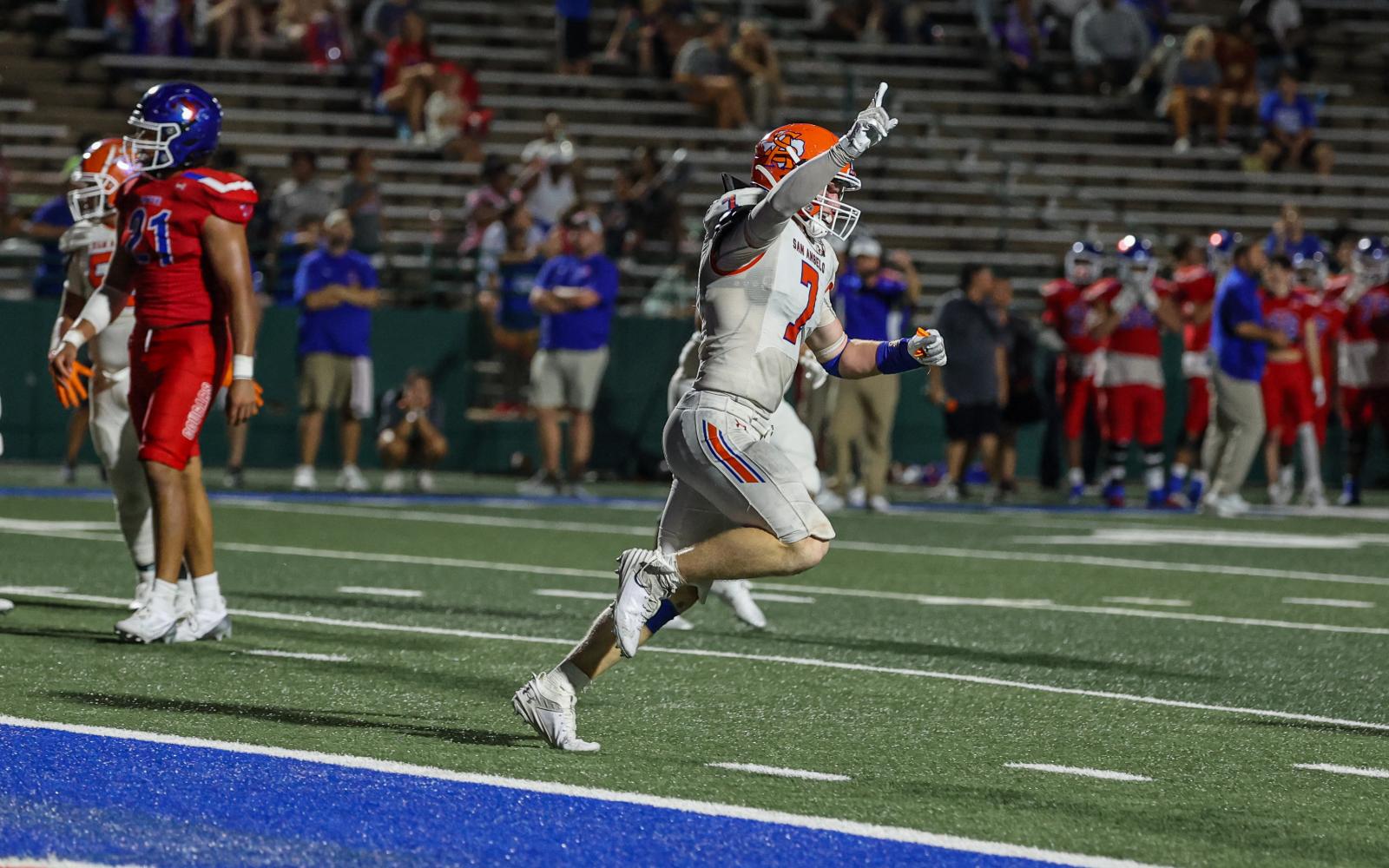 Mason Van Sickle celebrates after catching the winning touchdown in the final minute of a 31-27 win over Abilene Cooper during the 2024 season.
