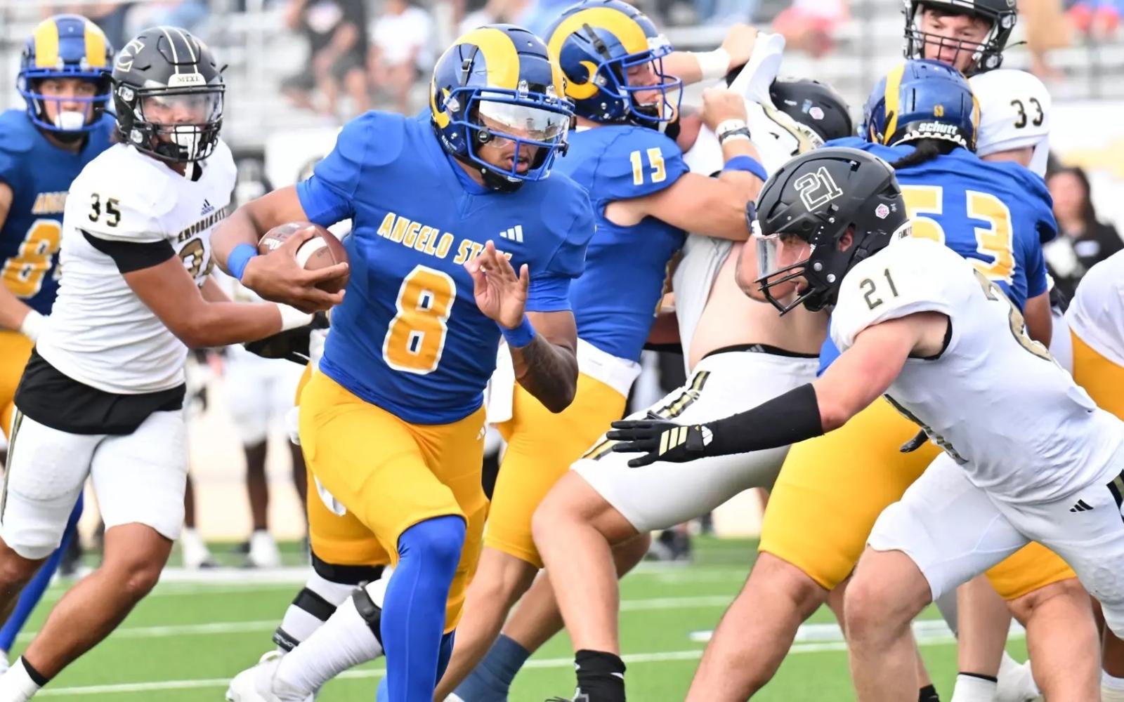 Angelo State's Kaeden Smith runs for yardage against Emporia State on Saturday, Sept. 6, 2025.