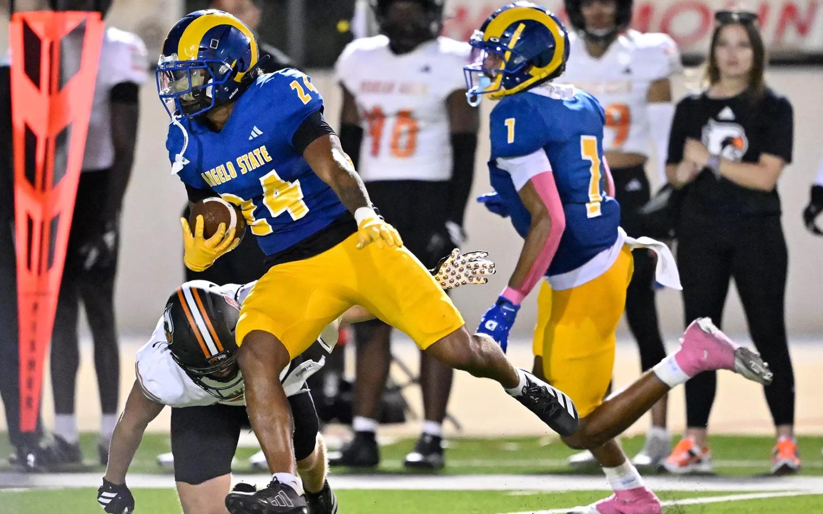 Angelo State's Xavier Walton hauls in his fourth interception of the season against UT Permian Basin on Saturday, Saturday, Oct. 4, 2025.