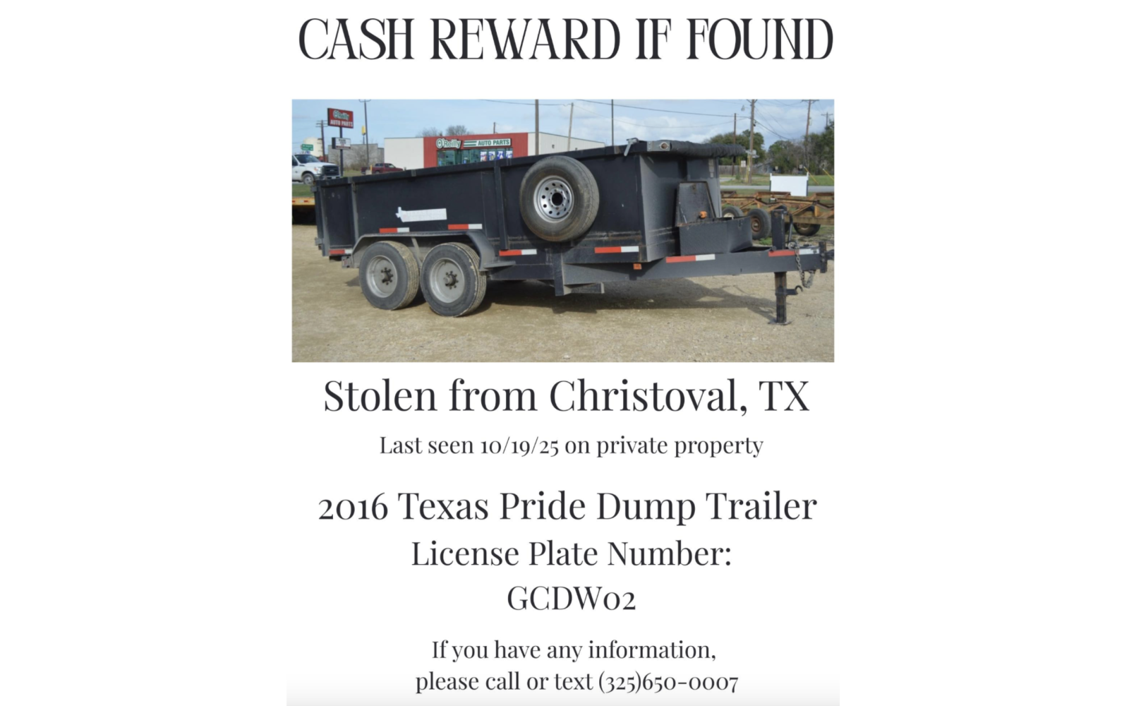 Stolen Dump Trailer from Christoval