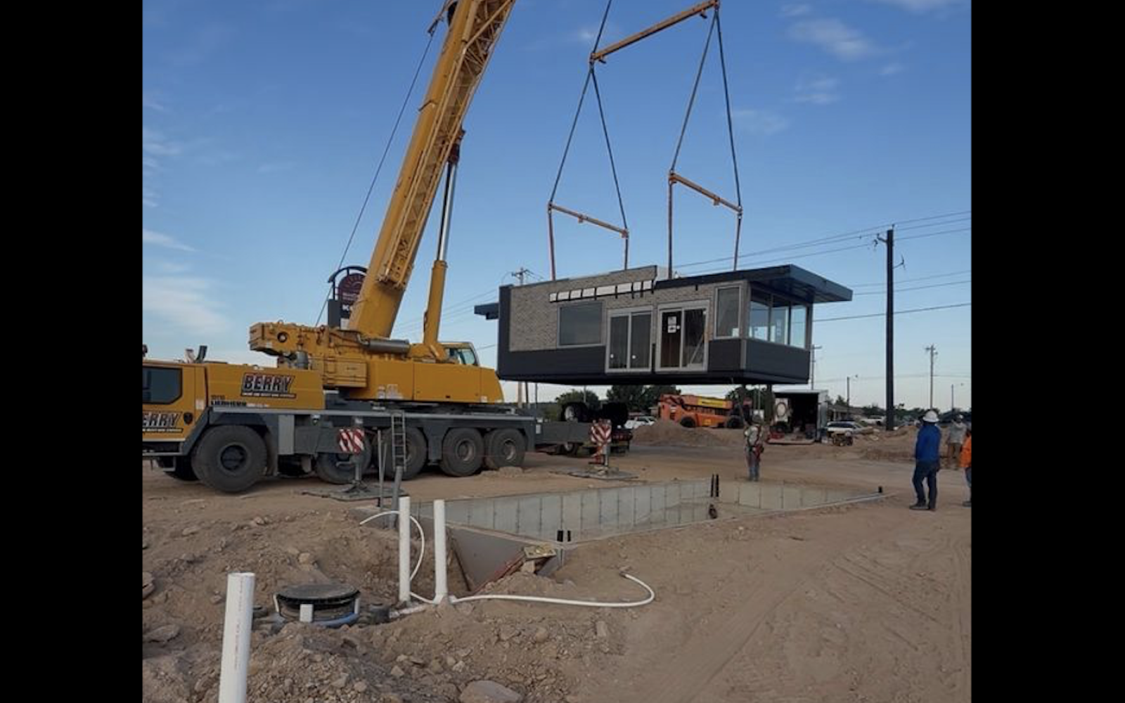 The newest 7 Brew in San Angelo is weeks away from opening after construction crews placed the drive-thru coffee stand on the ground Wednesday.