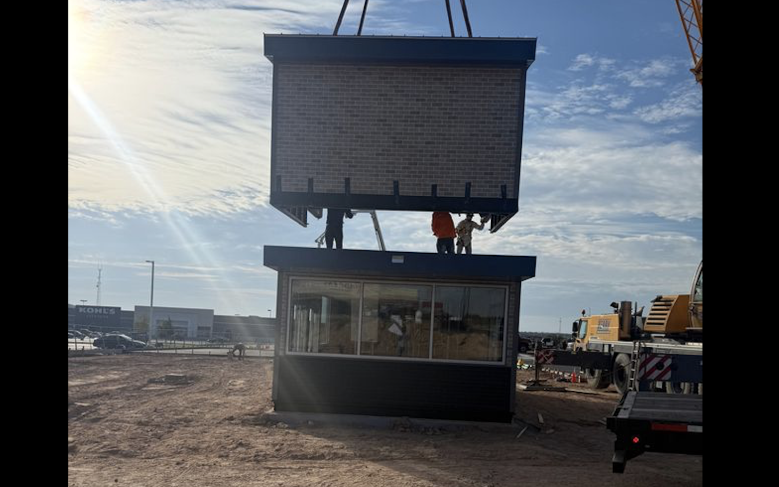 The newest 7 Brew in San Angelo is weeks away from opening after construction crews placed the drive-thru coffee stand on the ground Wednesday.
