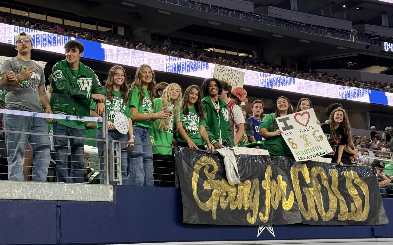 Wall's fans cheer for the Hawks during their 25-24 win over Newton in the Class 3A Division II state final Thursday, Dec. 18, 2025, at AT&T Stadium in Arlington.