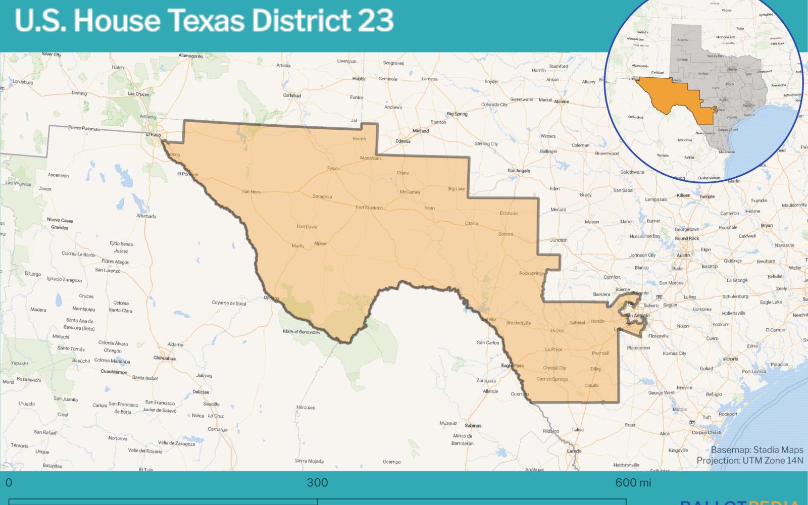 Texas’ 23rd Congressional District, represented by Rep. Tony Gonzales, stretches from San Antonio through the U.S.-Mexico border region to El Paso and includes San Angelo. (Ballotpedia map)